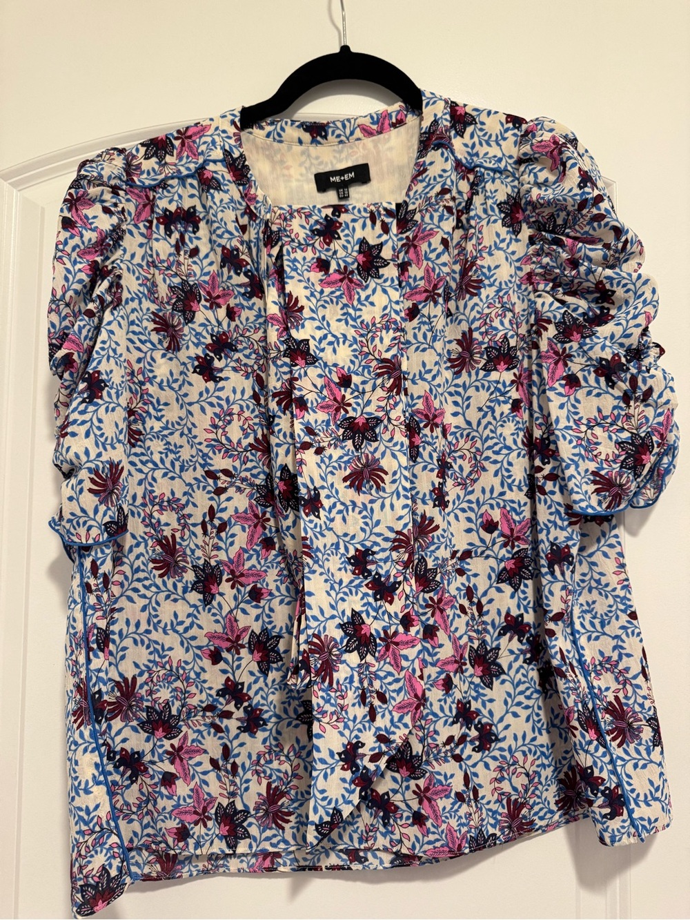 ME+EM Wild Meadow Print Ruched Sleeve Blouse + Tie